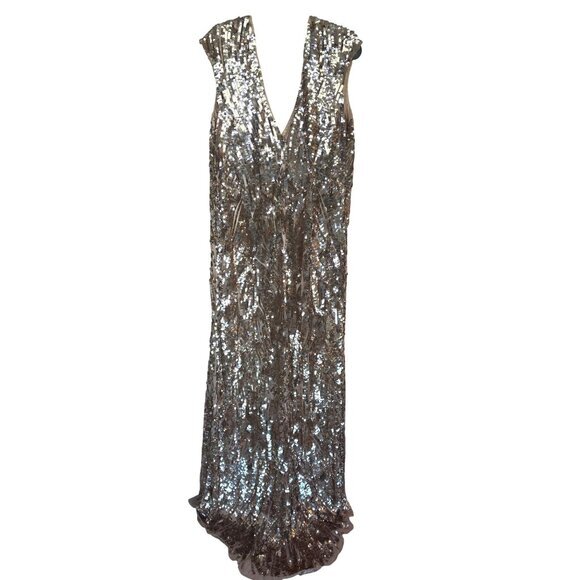 Mac Duggal Fabulouss Gown Size 24W Gold Sequins Column V Neck Back Train Formal - Picture 7 of 14